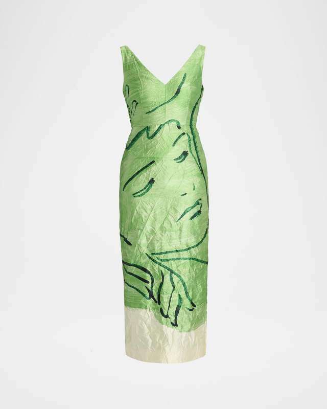 Face-Print Sleeveless Crinkle Satin Midi Cocktail Dress